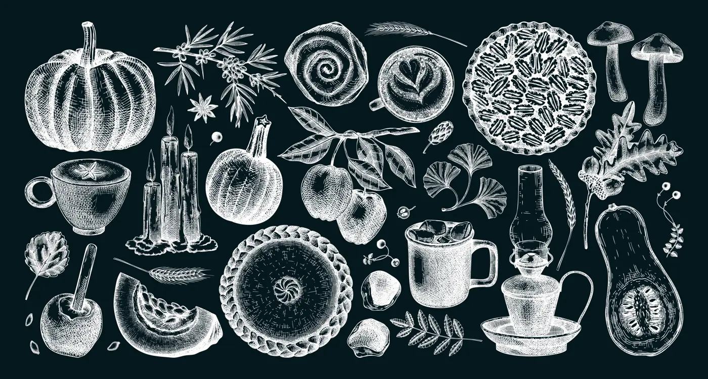 Vintage autumn hand-drawn vector illustration. Pumpkin, hot drink, fruit, pie, pastry, fall leaves sketches. Thanksgiving design elements on chalkboard Illustration